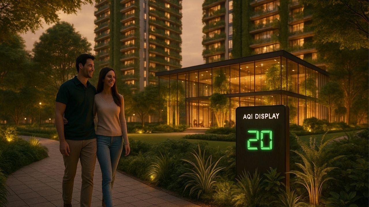 Forbes Fab Luxe AQI display showing AQI reading of 20, couple enjoying garden