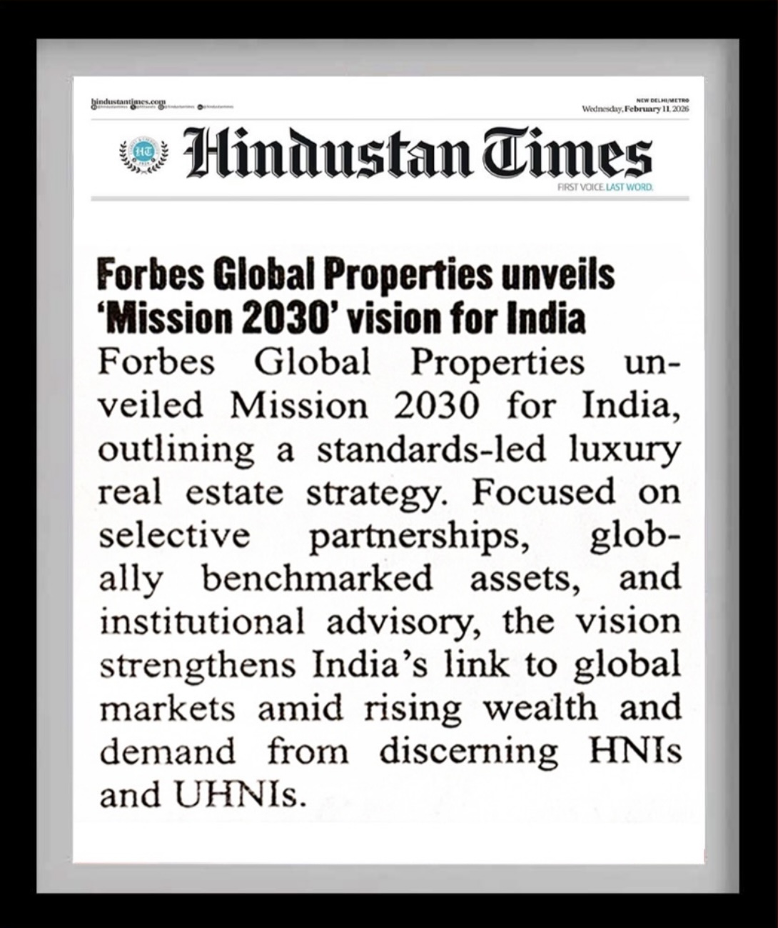 Hindustan Times article text about Forbes Global Properties strategic vision
