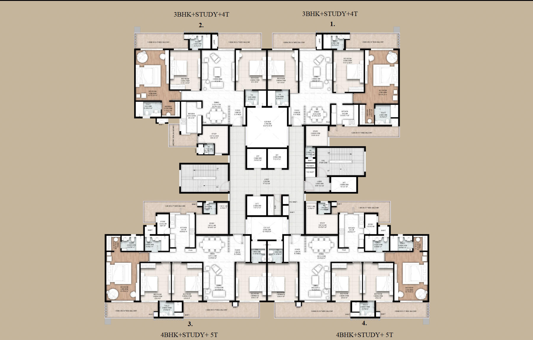 Cluster floor plan showing 4 units per floor layout