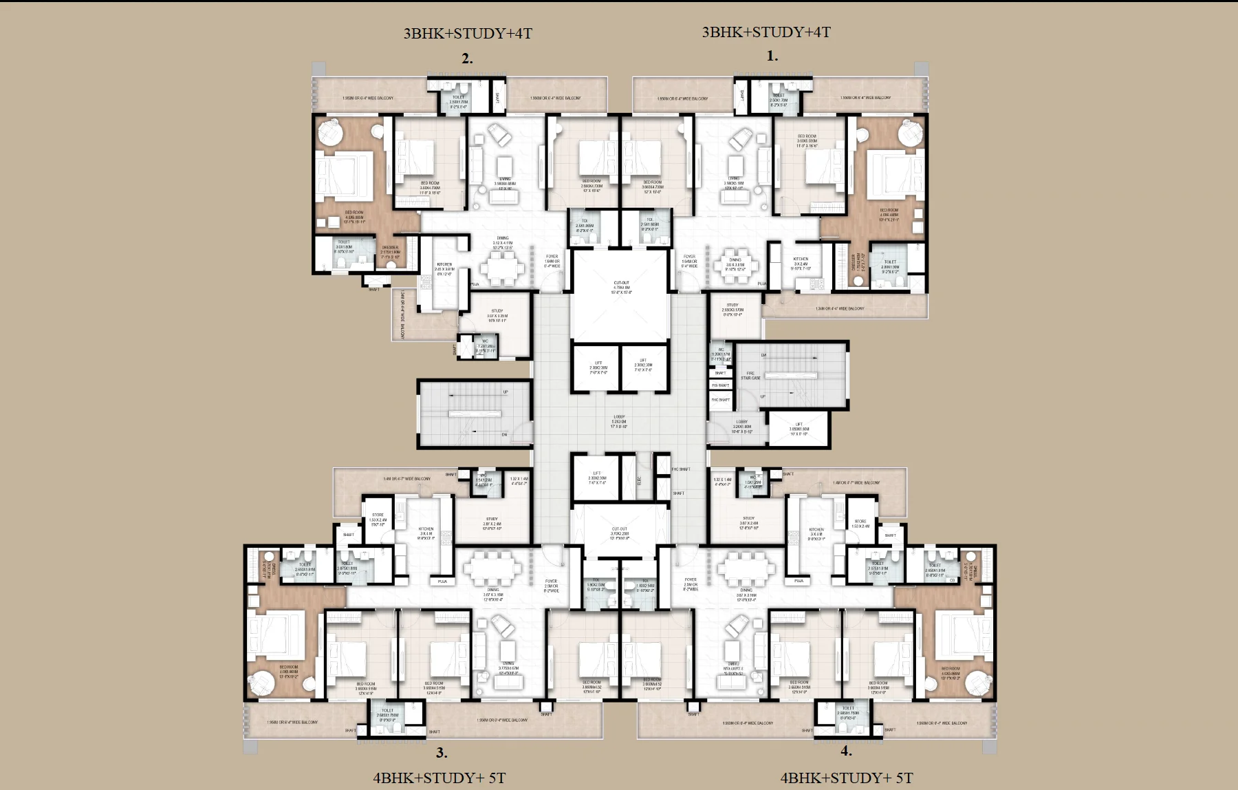 Cluster floor plan showing 4 units per floor layout