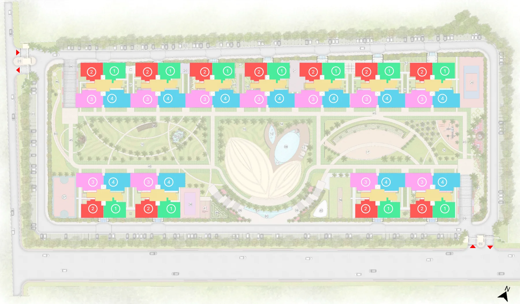 Forbes Fab Luxe Residences colour-coded master plan showing eleven towers around a butterfly-shaped central pool, a 35,000-sq-ft clubhouse, sports academy and amenity zones at Sector 4 Greater Noida West