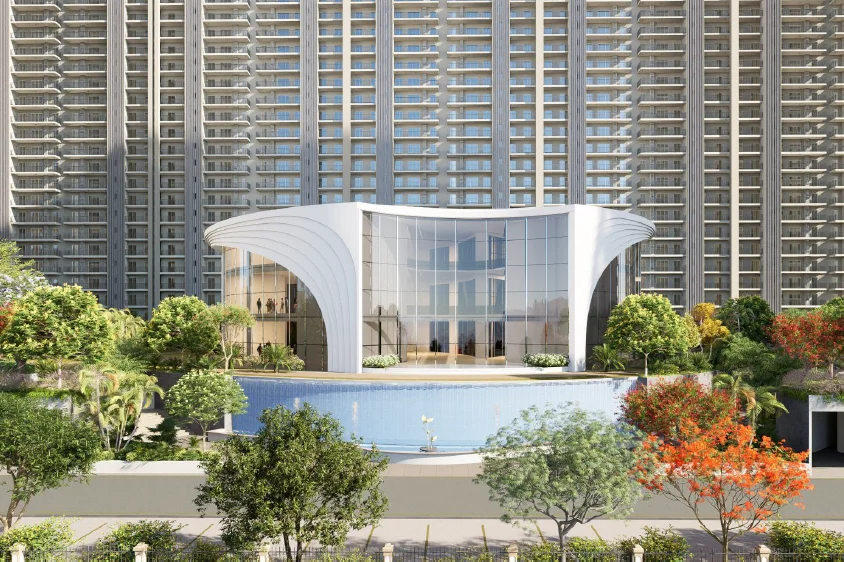 Forbes Fab Luxe clubhouse exterior with pool and sculptural canopy