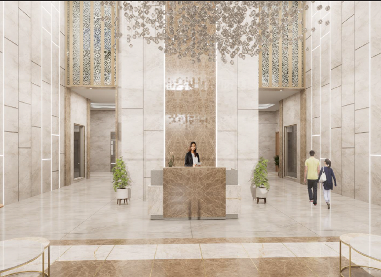 Forbes Fab Luxe Residences grand double-height lobby with marble walls and crystal chandelier