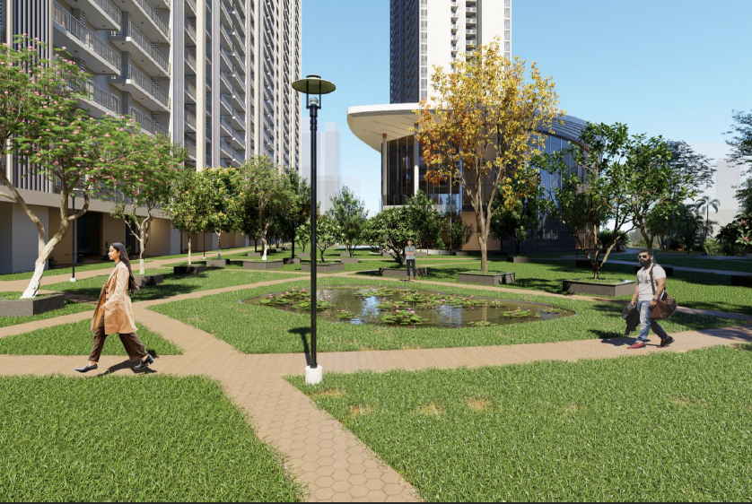 Forbes Fab Luxe Residences garden pathway with lampposts and manicured grounds