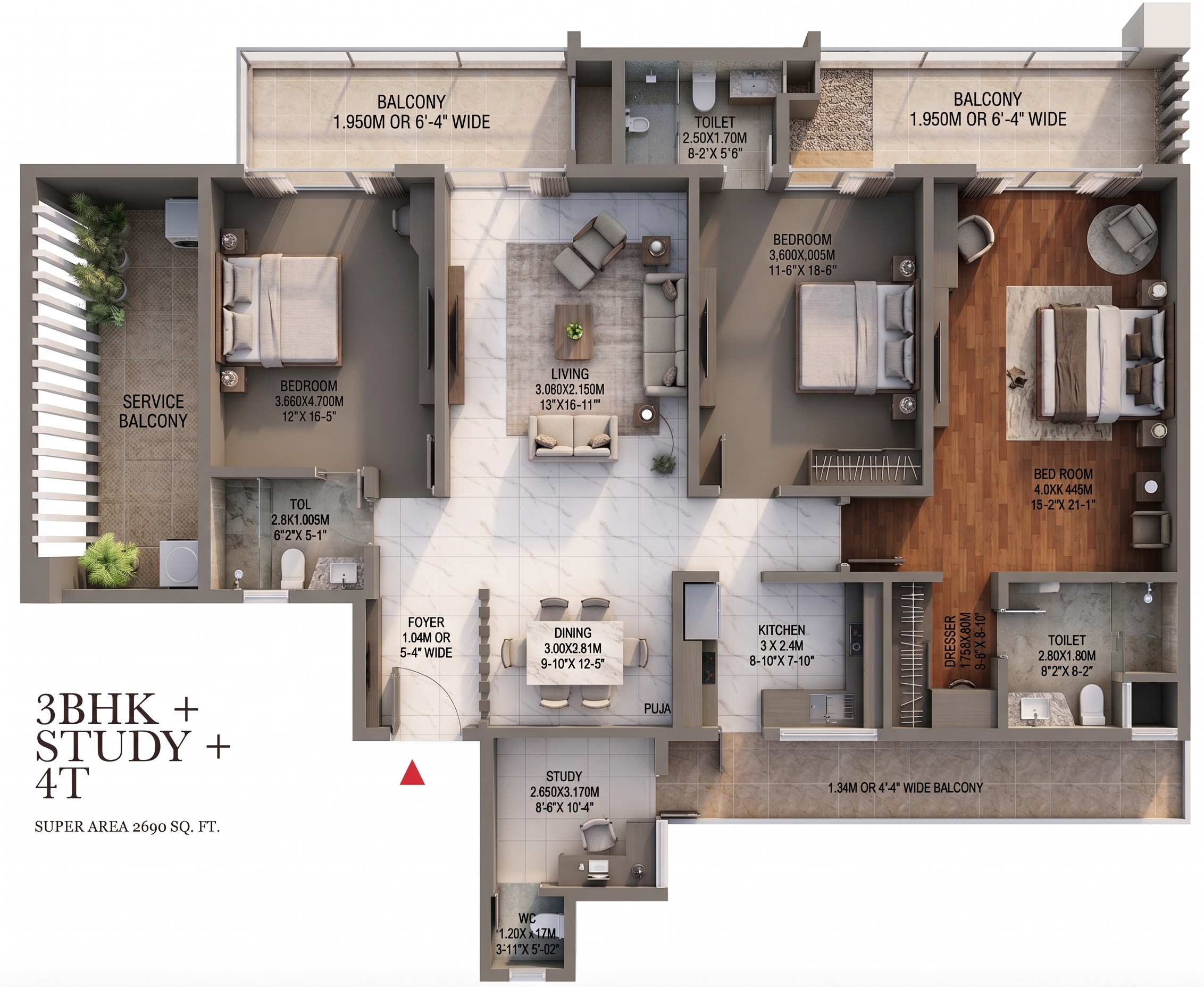 3 BHK Type 1 floor plan, 2690 sq ft with room dimensions