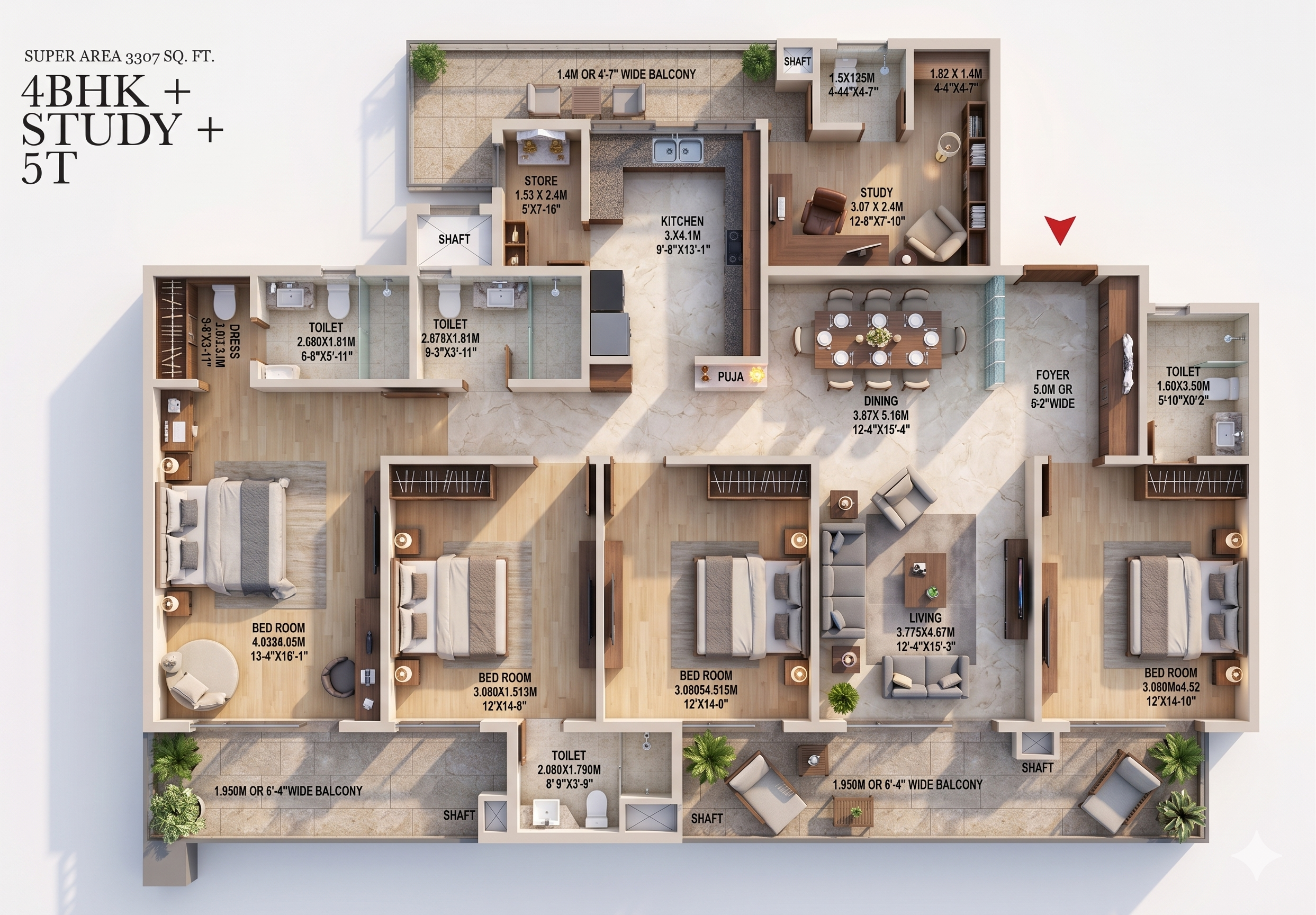 4 BHK Type 3 floor plan, 3307 sq ft with room dimensions